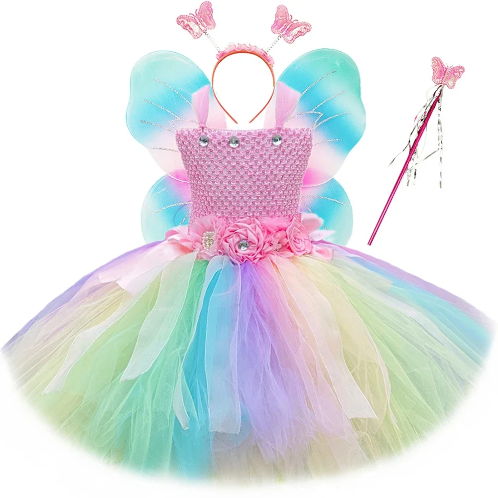 Meninas flor vestido de fadas tutu pastel rainbow tule vestido de princesa vestido de bola fantasia festa de aniversário de crianças traje de unicórnio de halloween