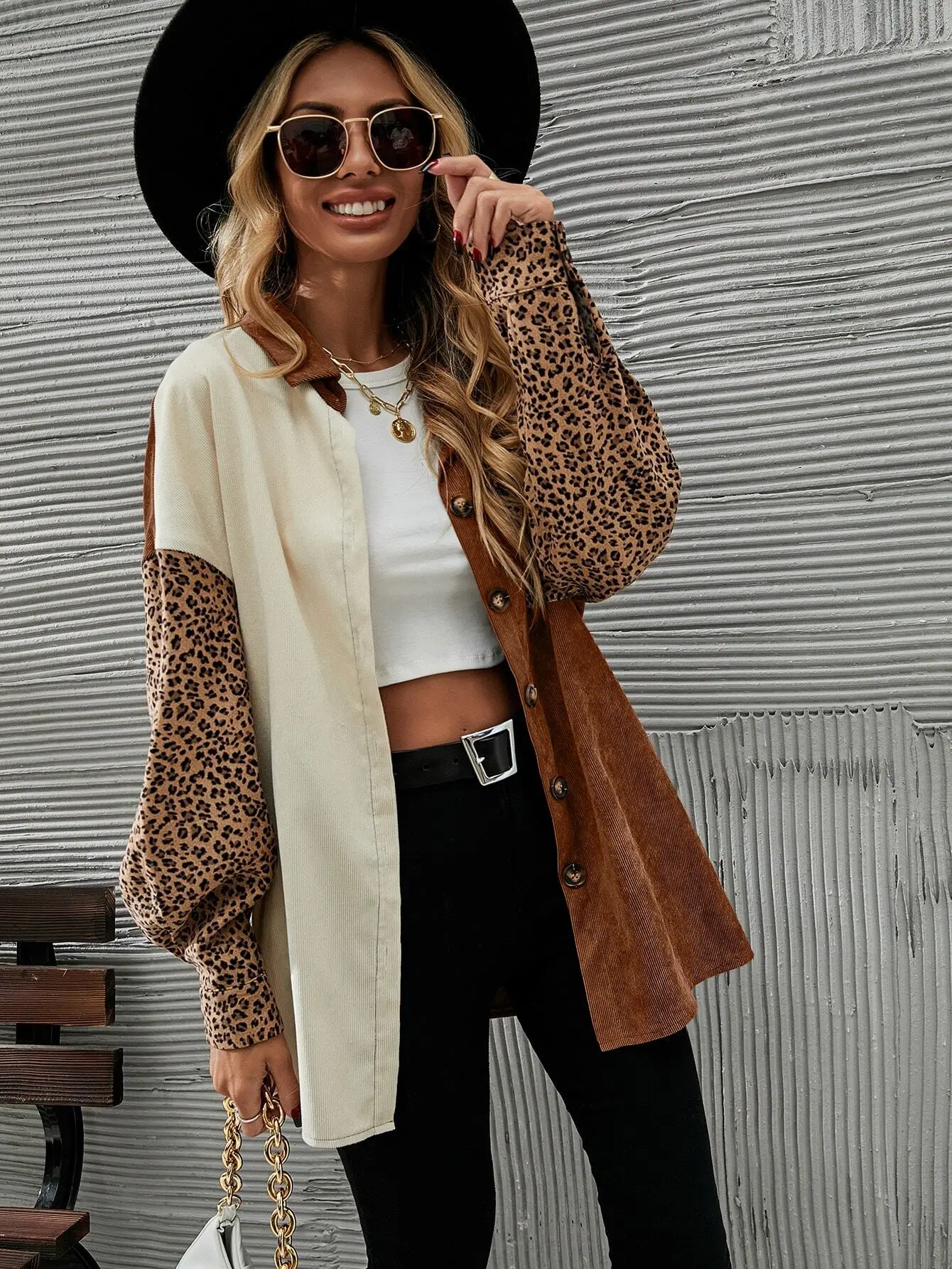 

BWQ Cut And Sew Leopard Corduroy Coat Fall Winter Cloth For Women