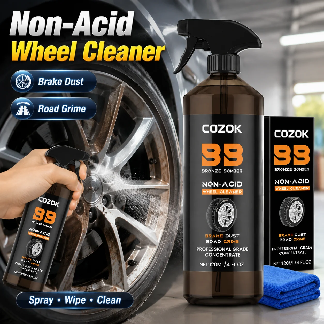 Nettoyant pour jantes de voiture, nettoyant pour pneus et jantes, élimine la saleté, la rouille et la poussière de frein, polit et restaure la brillance, application rapide, sans danger pour toutes les finitions de jantes, detailing automobile.