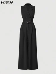 Plus Size 5XL VONDA Women Jumpsuits 2024 Sleeveless Playsuits Elegant Solid Color Rompers Casual Lapel Collar Wide Leg Bottoms