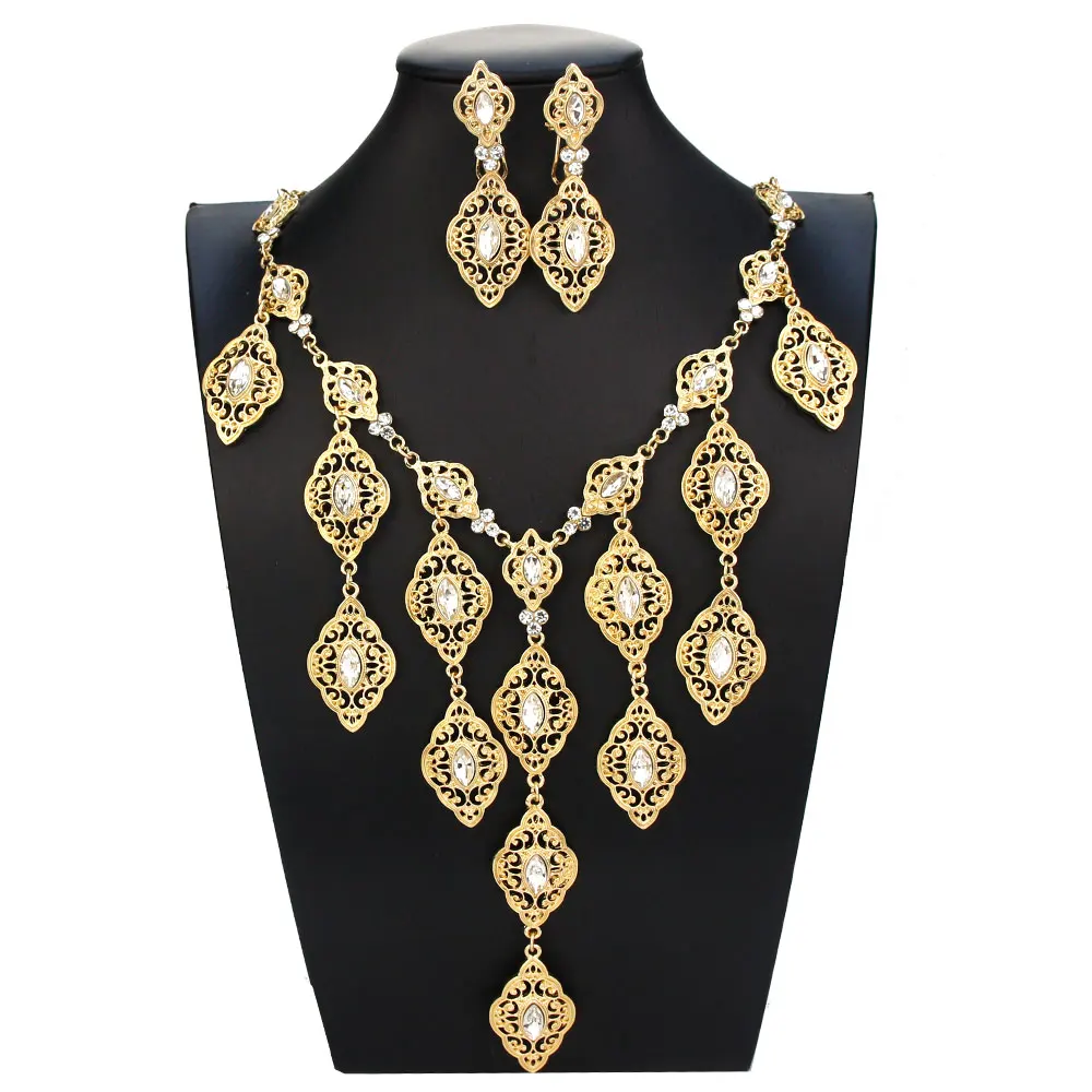 Sunspicems Gold Color Morocco Bride Jewelry Sets Women Long Chain Necklace Earring Sets Caftan Tassel Necklace Arabesque Bijoux