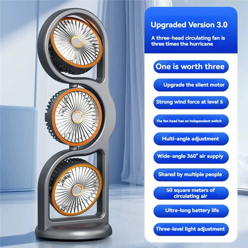 BABZ Portable Three-Head Fan USB Rechargeable 5-Speed 360° Desktop Fan for Dormitory Outdoor