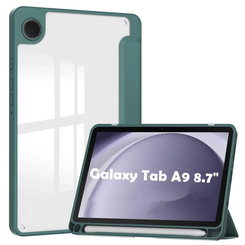 Luxury Transparent Flip Leather Tablet Case for Samsung Galaxy Tab A9 8.7inch SM-X110/X115 Arcylic Back Shockproof Protect Cover