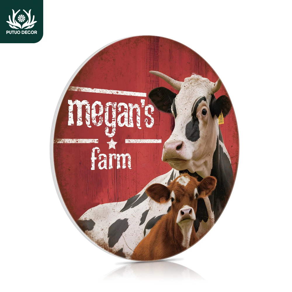 

Putuo Decor 1pc Custom Round Tin Sign, Megan's Farm, Personalized Plaque Vintage Plate Wall Decoration for Home Farmhouse Farm