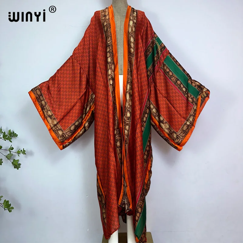 WINYI Africa Classic pattern print sweet lady beach Cardigan lungo bohémien Cover-up stitch Casual Boho Maxi Holiday party kimono