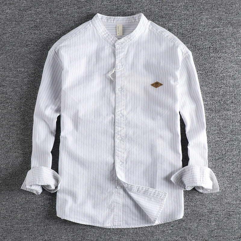 Fashion Stripe Standing Collar Long Sleeved Shirt For Men Light Cooked Pure Cotton Washed Men's Spring Trend Daily Shirts