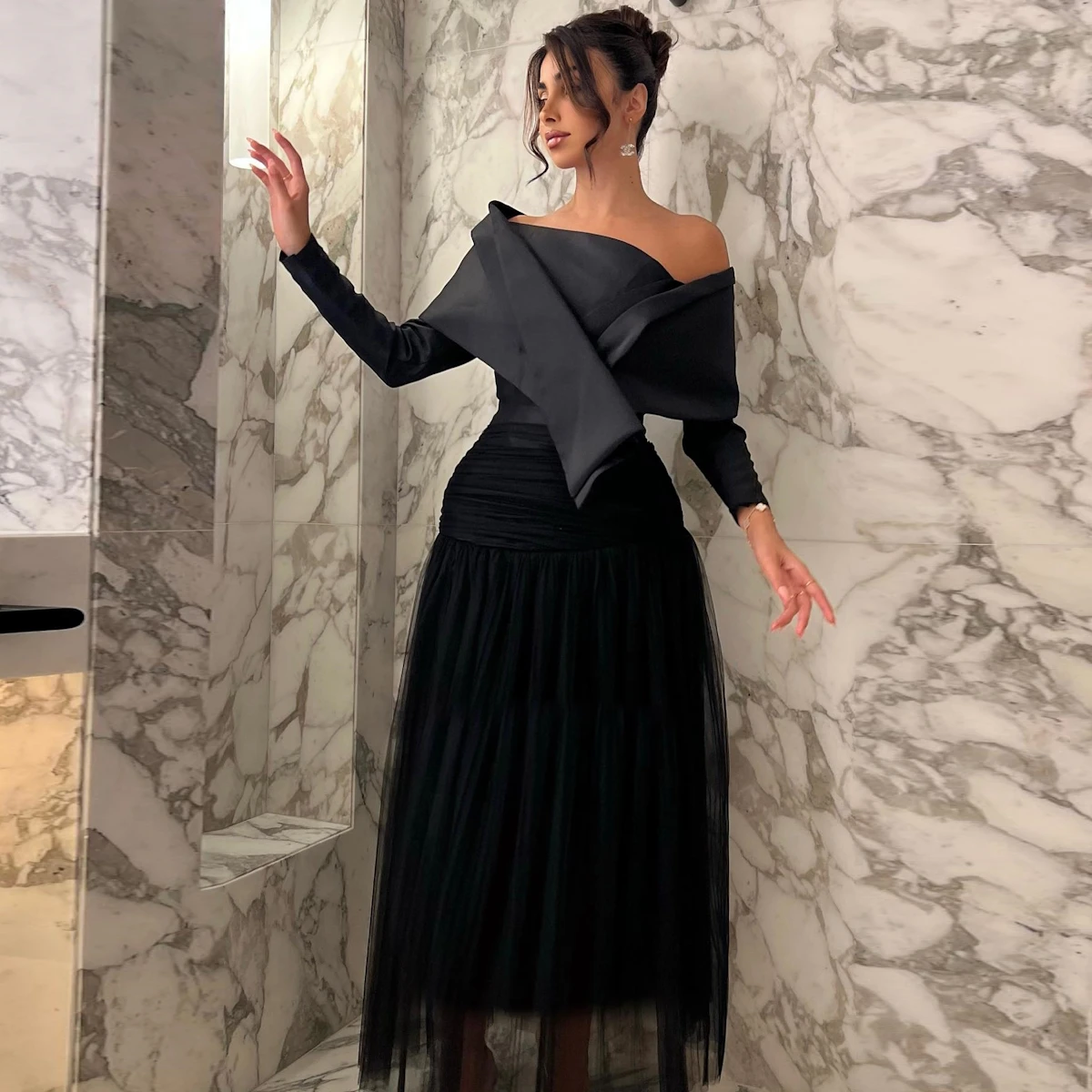 ROSELLA Off Shoulder 2023 Evening Dresses Pleated Tulle Prom Dresses Long Sleeves A Line Evening Dresses فساتين سهره