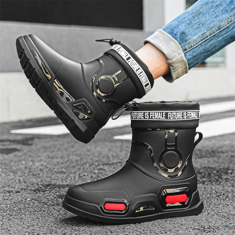 High Quality Men\'s Rain Boots Mid-calf Waterproof Work Boot Spring Fall Fishing Boots Men New Keep Warm Winter Rubber Rain Shoes