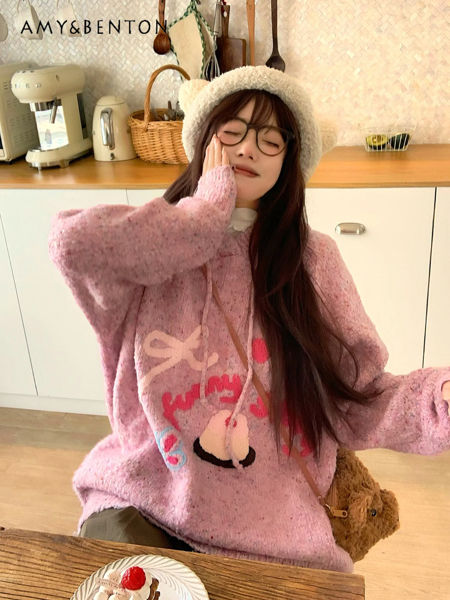 

2025 Spring and Autumn New Korean Style High-End Pink Loose Color Dot Bow Print Casual Daily Hooded Knitted Sweater