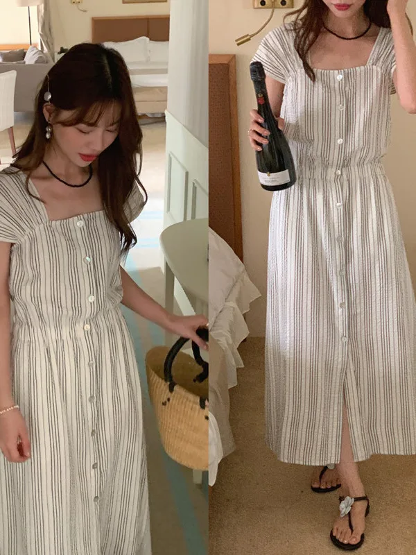 

Chic Vintage Single-Button ort-Sve Striped Dr Women's Regular Fit Midi Dr Casual Versatile for Various Ocns