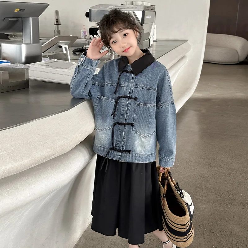 New Chinese style  buckle denim jacket for girls Spring  2024 new Tang style little girl jacket trend not with dress