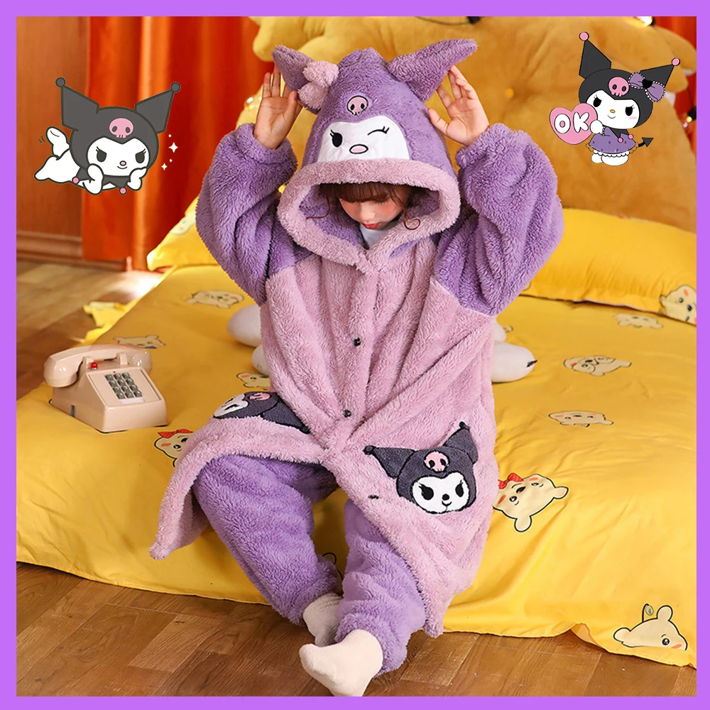 Sanrioed Kuromi Cinnamoroll Girls Children\'s Coral Fleece Thickened Pajamas Cartoon Kids Thermal Robe Autumn Winter Home Wear