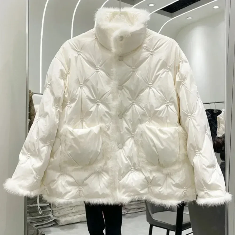 New Stand Collar Loose Fashion Women Winter Warm Parker Embroidery Natural Mink Fur Down Jacket White Duck Down Coat