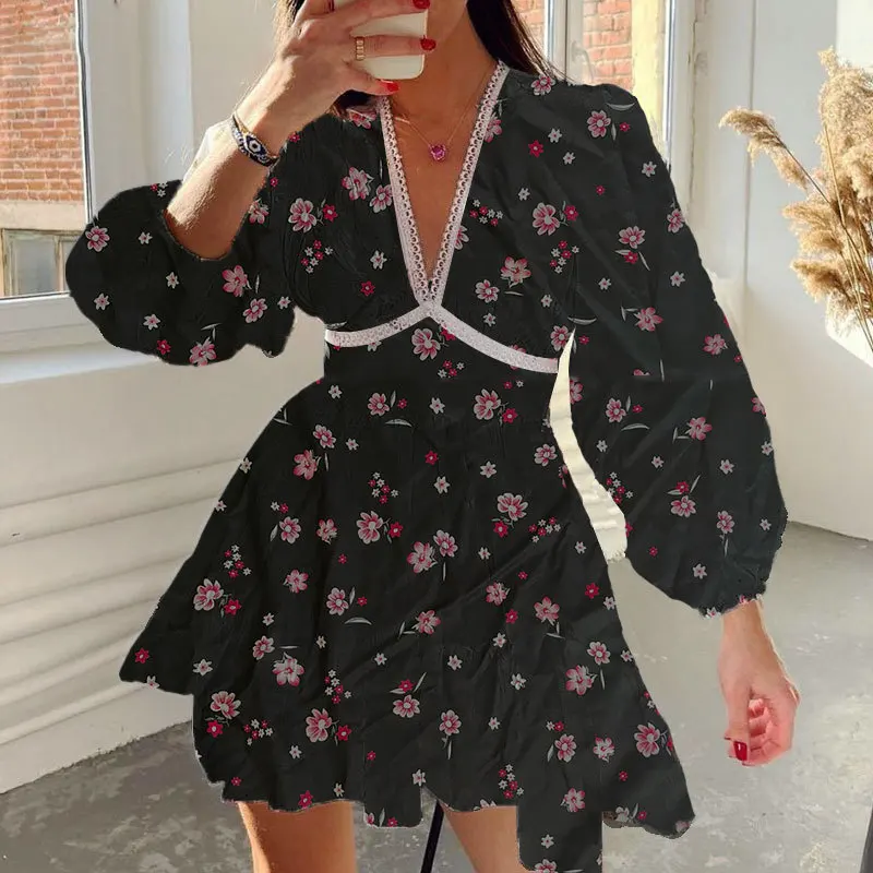 Fashion Flower Print Women's Dress Spring Summer Sexy V-neck Ruffles Lace Elegant Dress For Women Vacation Slim A-line Dresses
