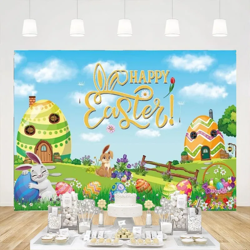 Easter Banner Backdrop Bunny Eggs Cute Flowers Photography Background Sping Summer Seasonal Holiday Garden Party Decorations