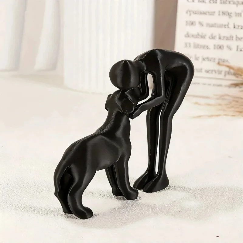 Abstrakte Kunst: Mann und Hund Skulptur, Schwarze Harz-Figur, Heilende Wohndekoration für Tierliebhaber