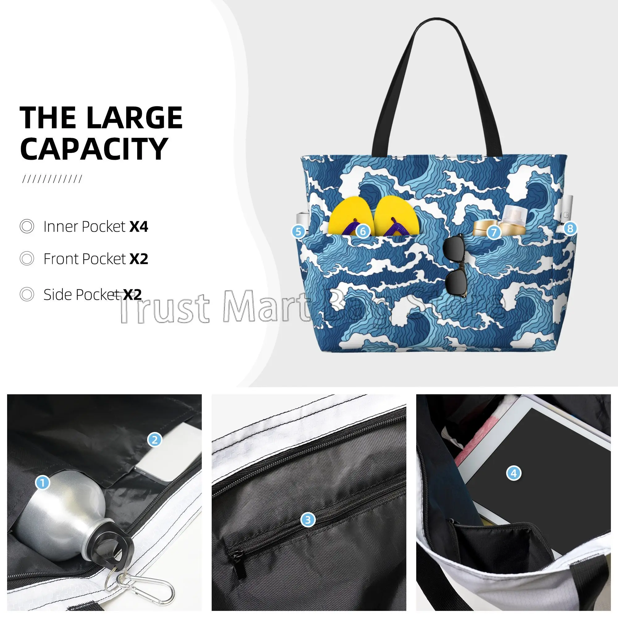 Sea Wave Beach Tote Bags for Women Waterproof Sandproof Large Pool Bag Stylish Zipper Beach Tote for Gym Travel Shopping School