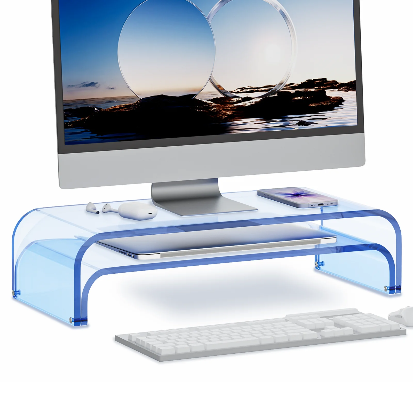 Acrylic Dual Monitor Stand Riser 2 Tier, Modular Laptop Stand for Desk, Multifunctional Desktop Organizer Shelf for PC, iMac