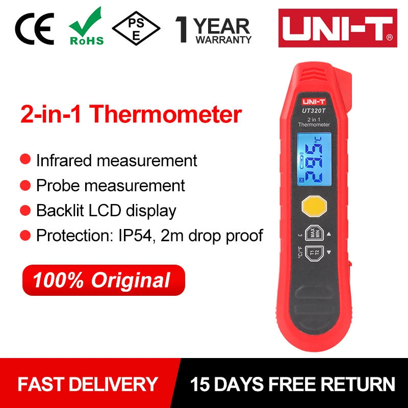 UNI-T Digital Thermometer UT320T 2-in-1 High Accuracy Temperature Meter Infrared And Probe Measurement IP54