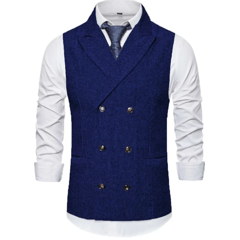 Gilet à double boutonnage à chevrons pour hommes, glaçure trempée, solide, affaires, régulier, mince, banquet, décontracté