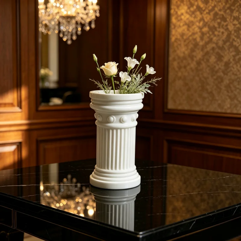 Roman Column-Style Dining Table Centerpiece Vase, Greek Column Classical Architectural Style Floral Vessel, Grooved Ribbed Texture Relief Bead Details, Matte White Vintage Elegant Stable Base, Timeless Classic Design Exquisite Craftsmanship, Small Tabletop Flower Vase Stem Holder, Restaurant Coffee Table Centerpiece, Wedding Party Banquet Scene Decoration, French Vintage Dining Table Floral Art Home Decor, Housewarming Gift
