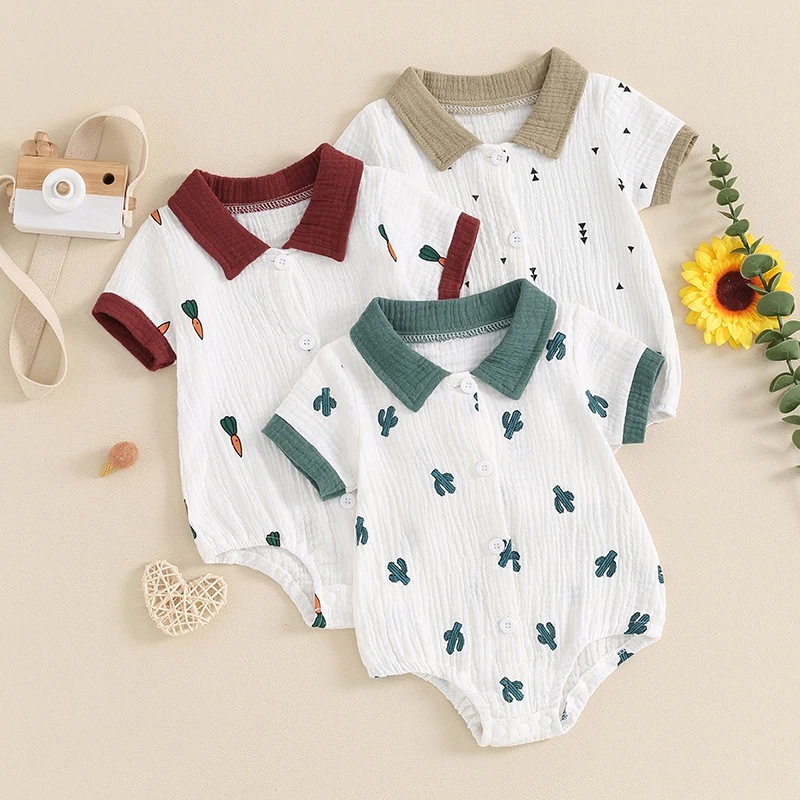 

2024-03-13 Lioraitiin 0-24M Infant Baby Boy Summer Jumpsuit Cartoon Cactus/Carrots Print Short Sleeve Button Down Romper