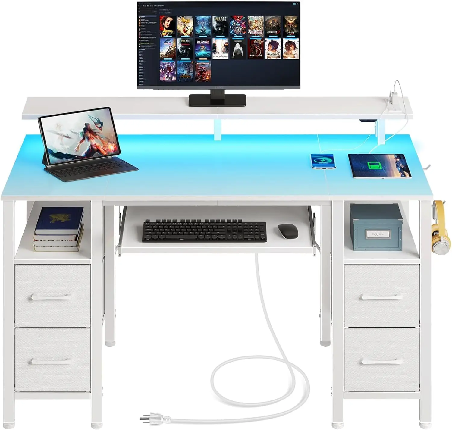

White Computer Desk with Drawers 47 inch Gaming Office Desk with Keyboard Tray