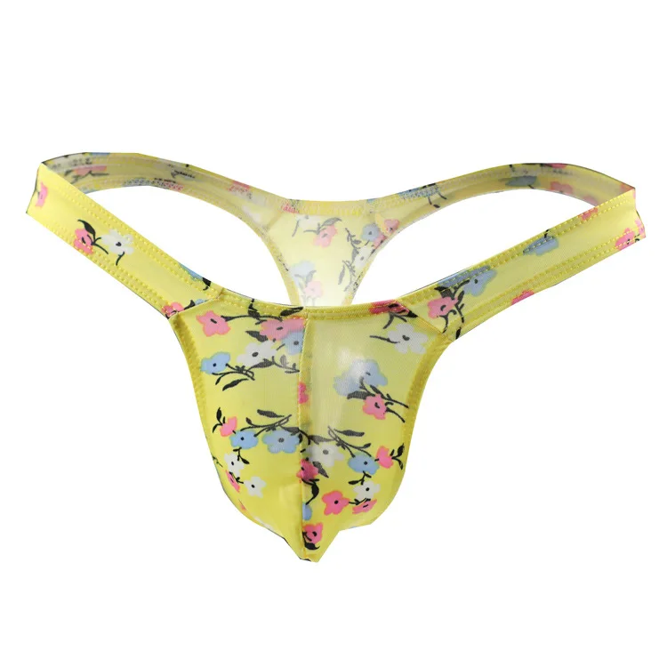 Men's Funny Underwear for Boy U Convex Pouch T Back Thongs Sissy Flying Bird Mini G String Translucent Fragmented Flower Panties