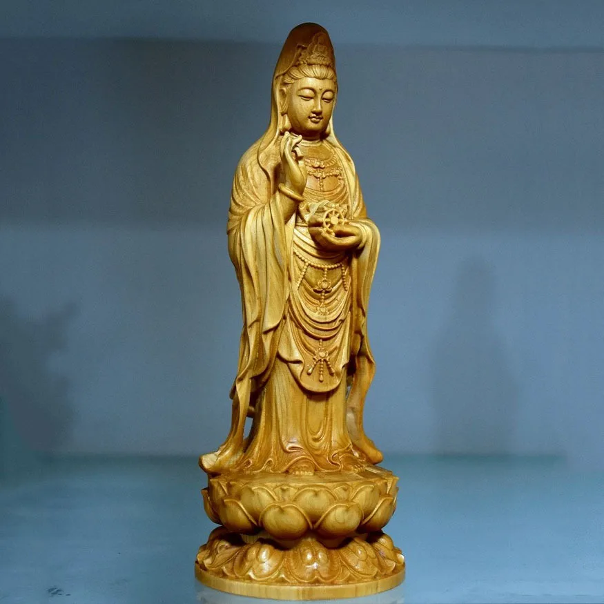 Cliff Cypress Wood Carving South China Sea Bodhisattva Buddha Statue Decoration Home Service Living Room Lotus Standing