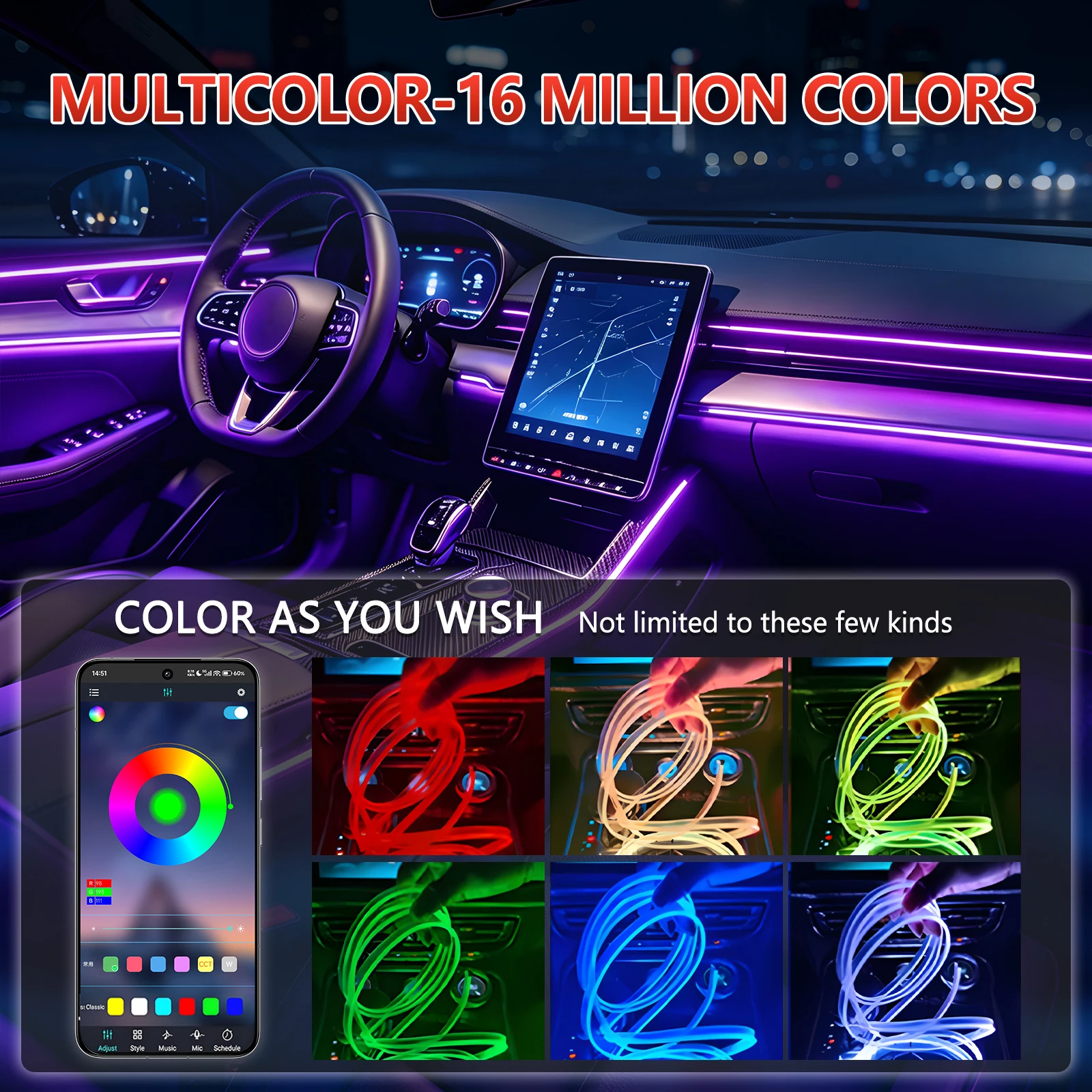 3m/4m/8m Auto-Ambientebeleuchtung LED-Innenraumleiste USB mit RGB 16 Millionen Farben Glasfaser-Neon-Dekorationslampe – Detail 2