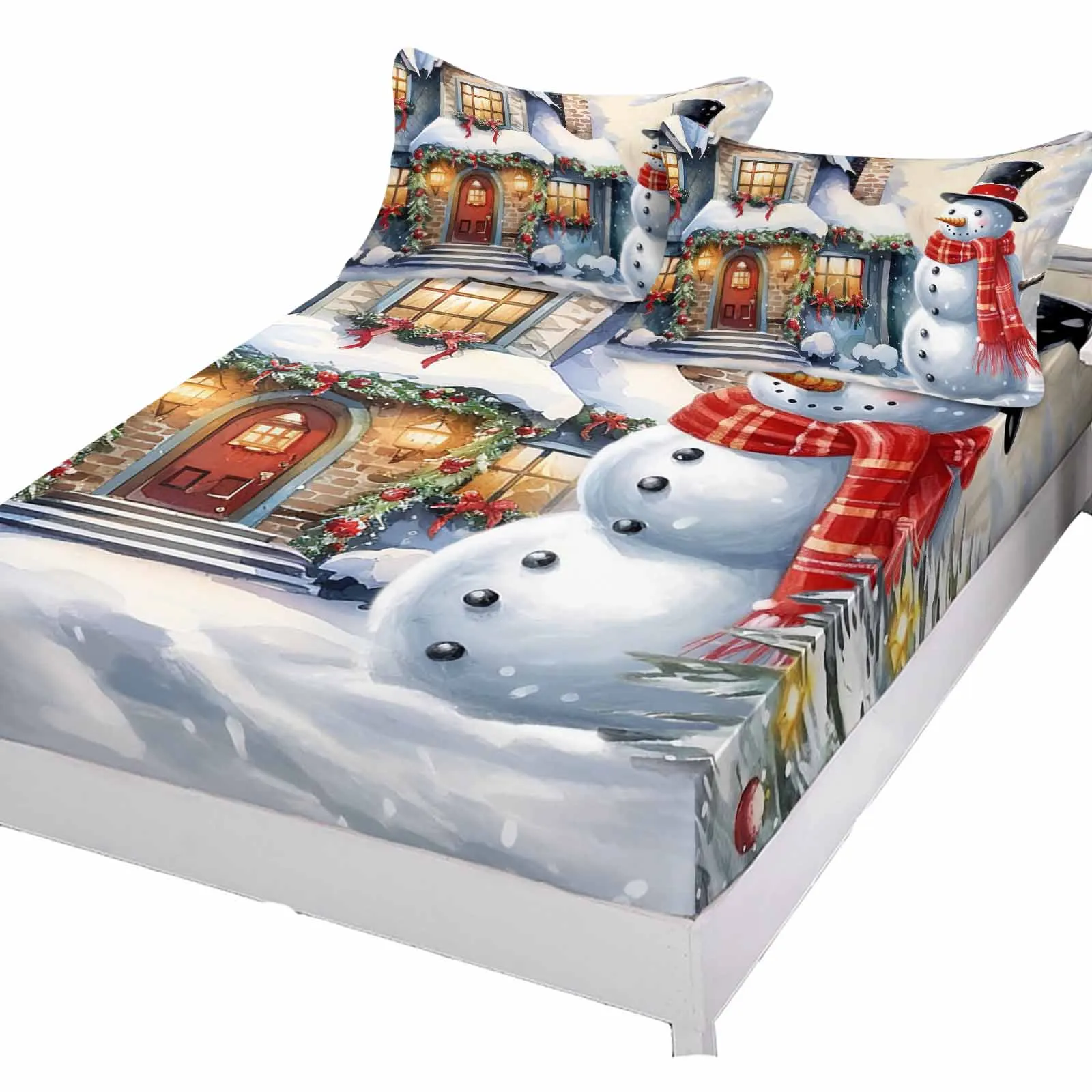 Christmas Snowy Scenery Snowman Snowflake Fitted Sheet Mattress Cover Four Corners Elastic Band Bed Sheet With Pilllowcase