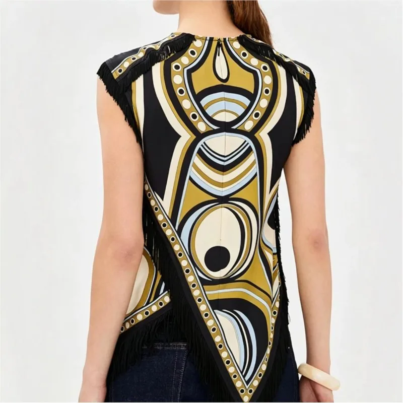 Women Sleeveless Asymmetrical Fringe Top Vintage Print Mock Neck Irregular Hem Blouse Ladies Fashion Party Streetwear Tank Shirt