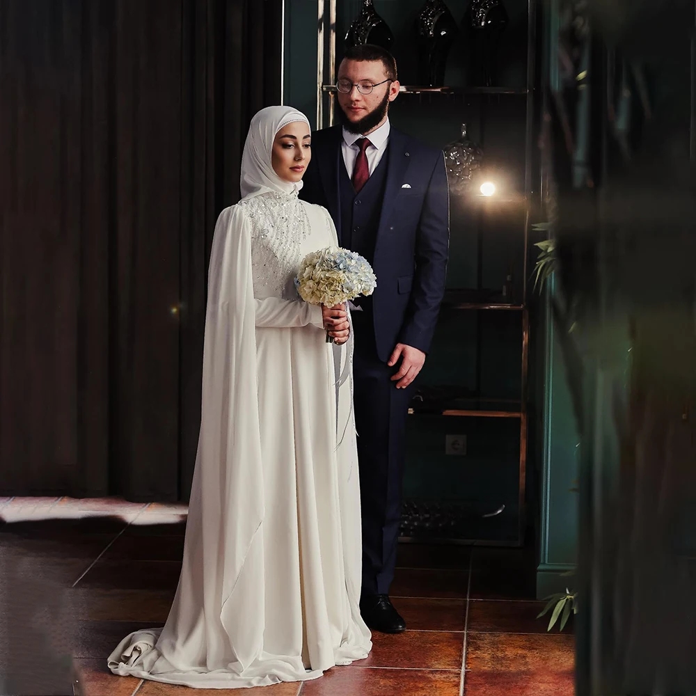 

Elegant Muslim Wedding Dresses Cape High Neck Long Sleeve Bride Dress Beading Islam Civil Bridal Gown Customized robes de soirée
