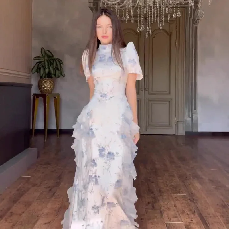 

2025Spring New Artistic Style Elegant Retro Temperament Short Sleeve Long Dress Waist-Cinching Dress for Women