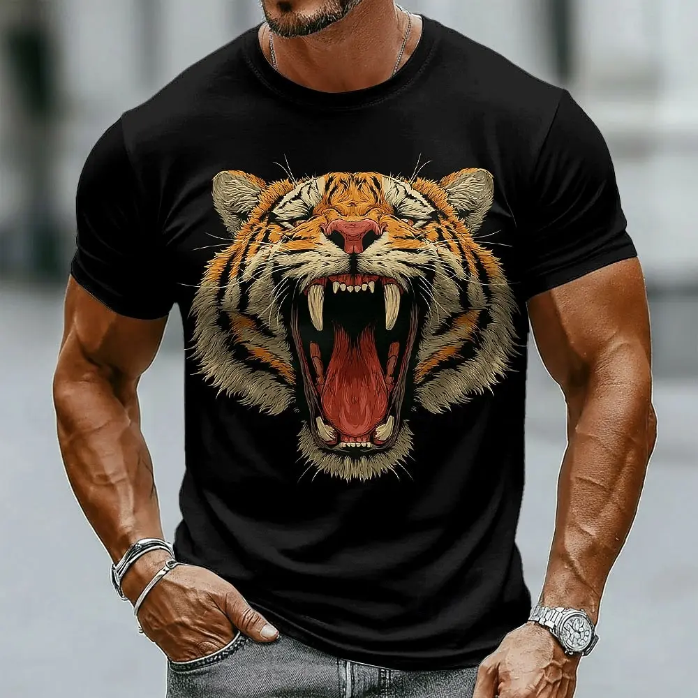 New Men's 3D Fierce Roaring Tiger Open Mouth Sharp Teeth Wildlife Print T-Shirt Casual Short Sleeve t shirts Top Summer Clothing