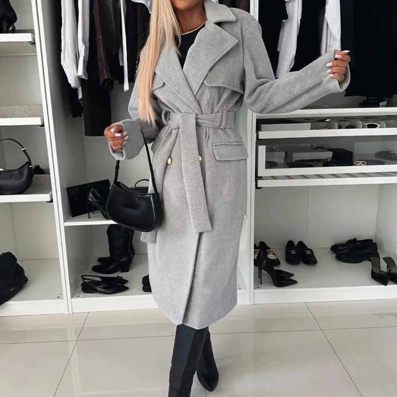 

2024 Autumn Winter Thick Warm Woolen Coat Casual Women Lapel Lace Up Solid Color Jacket Elegant Long Sleeved Straight Outerwear