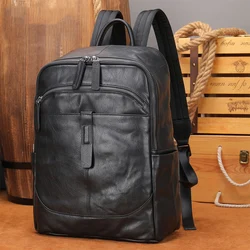 Black Leather Men Backpack Genuine Leather Travel Bag Casual Daypack Fashion Leather School Bags Large Laptop Bag Soft Skin 14