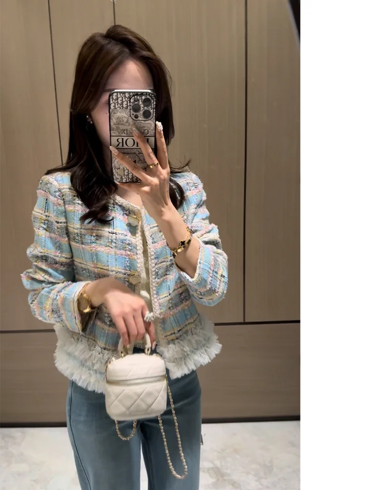 Elegant Short Outerwear Jasmine Clear Tea French Style Women's Versatile Fashionable Spring Season round Neck Buttoned Coat
