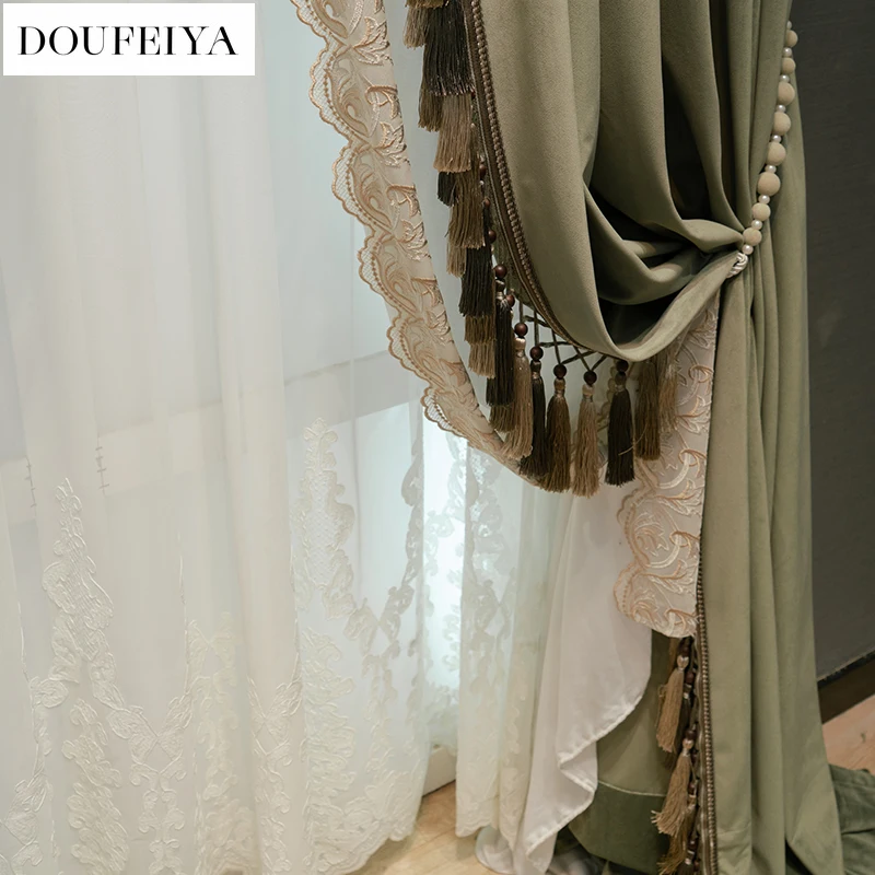 

Vintage Green Velvet Luxury Thickened European Style Blackout Curtains for Living Room Bedroom Dining Custom Size White Tulle
