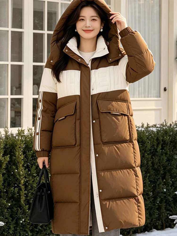 Winter Long Hooded Color Blocking Down Jacket Women White Duck Down Big Pocket Outwear Female Warm Thick Knee Length Down Jacket