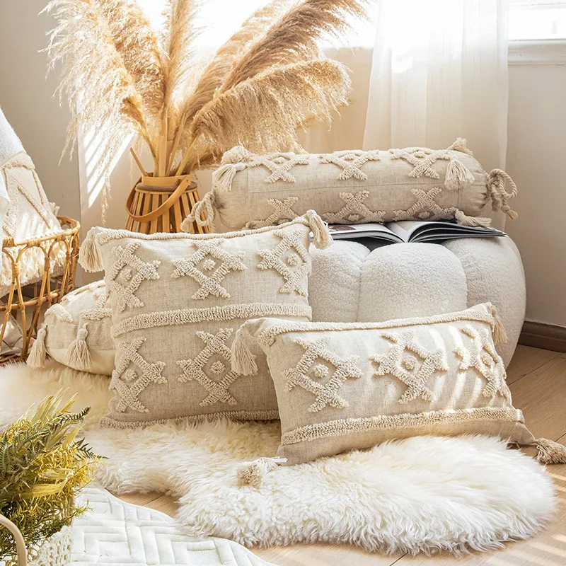 Beige Cream Boho Tufted Tassel Bolster Cushion Cover 30x60cm Geometric Linen Cylindrical Throw Pillow Cover 45x45cm