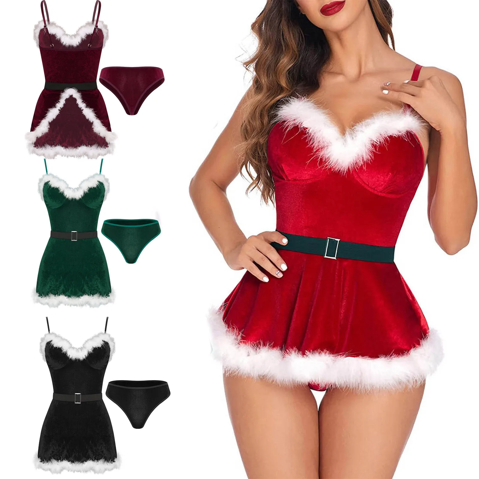 Sexy Santa Claus Christmas Costume for Women Xmas Cosplay Plush Feather Trim Velvet Dress+Briefs Holiday Carnival Party Clubwear