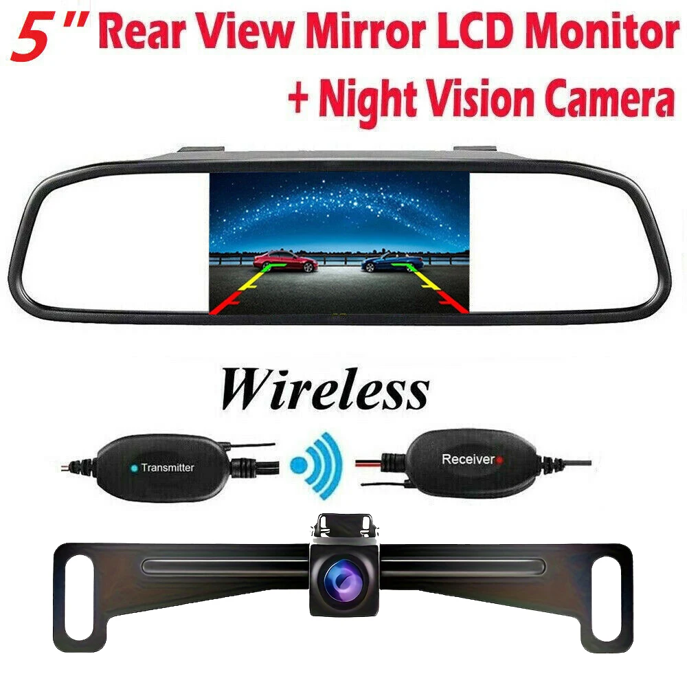 Wireless 5 inch Rear View Mirror Monitor + Car Backup Camera Kit Night Vison Camera for Car, Pickup, SUVs, Vans