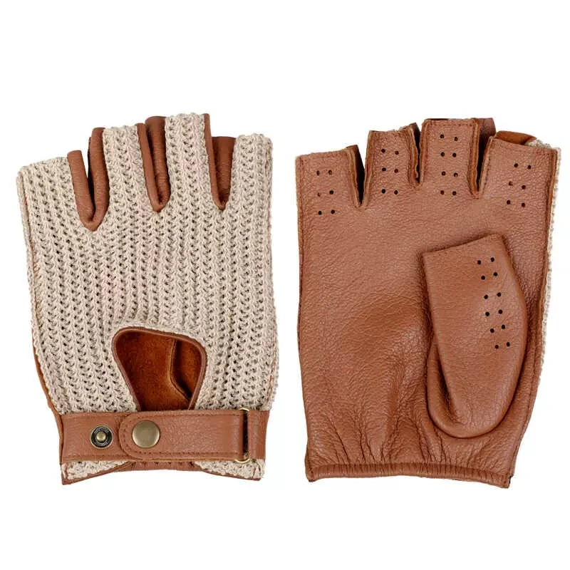 Unisex Semi-Fingers malha luvas de pele de carneiro, couro Patchwork Mittens, metade do dedo, equitação retro, condução, mulheres, homens, LSH01