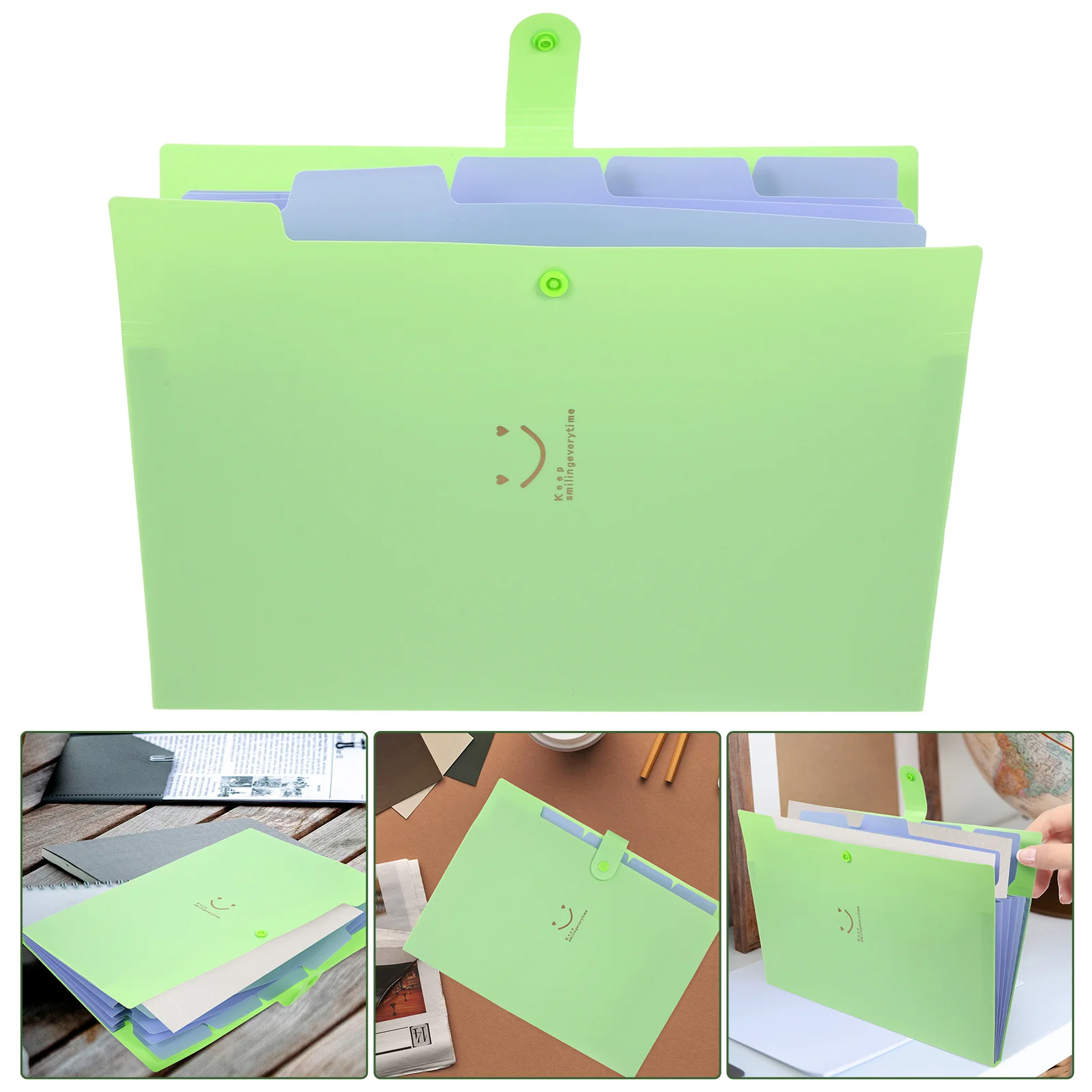

5 Pockets Plastic Snap Closure Accordion Folder Candy Color Grass Green A4 Letter Size Document Organizer Home