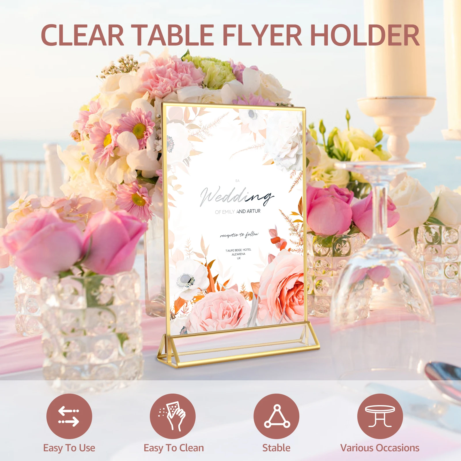 24/6pc Clear Sign Holder Gold Borders Acrylic Picture Frame Display Stand Table Menu Stands for Wedding Office Seat Card Bracket