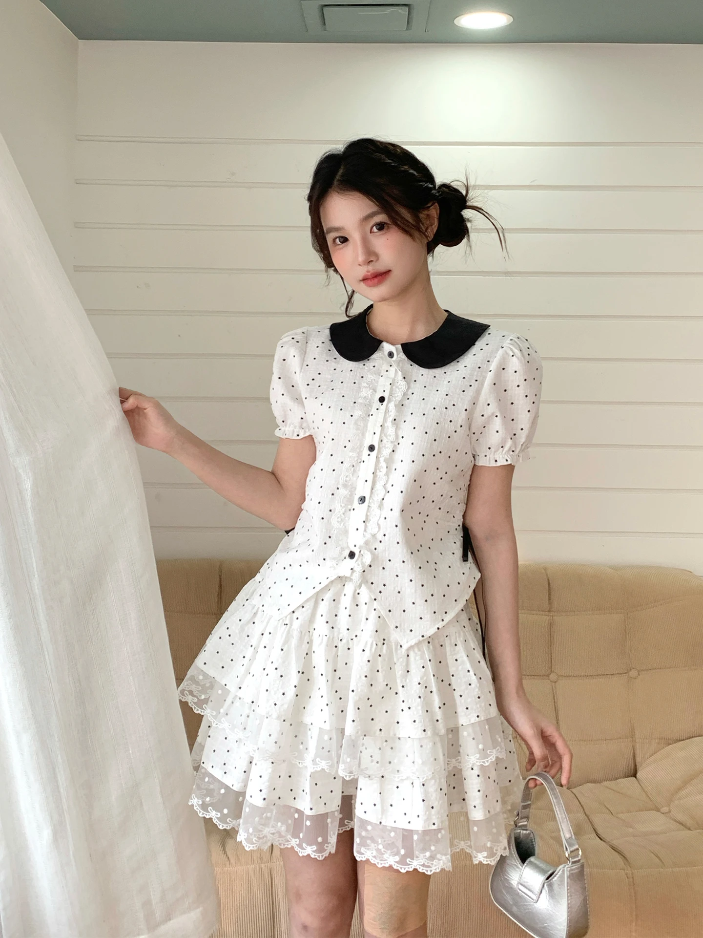 

Tokyo Seasonal Record JK Style Polka Dot Doll Collar Shirt And Short Skirt Set Women's Elegant Fashion Summer Outfit Cotton B...