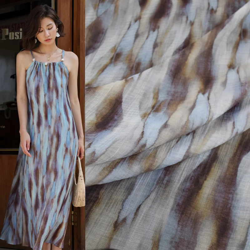 

Artistic Striped Textured Print Crinkle Lyocell Chiffon Fabric Designer Apparel Dress Pants Robe Tops Spring Summer
