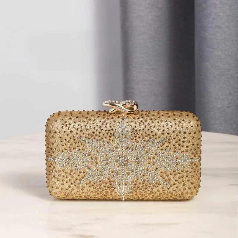 Gold Rhinestone Evening Clutch Bag for Women Snowflake Crystal Hard Case Handbag Wedding Prom Party Formal Purse Bolso Mujer
