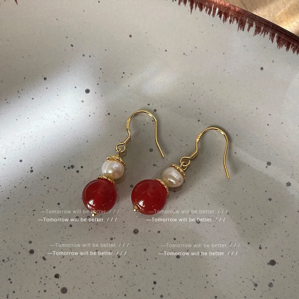 خمر نمط اللؤلؤ العقيق الأحمر أقراط النساء يدويا أنيقة الحب الفول استرخى أقراط بالجملة #3